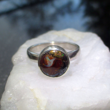 Boulder Opal Ring 925 Sterling Silver Size 7 Australian Boulder Opal in Matrix Rings for Women Stacking Round Stone