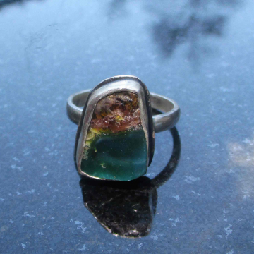 Handmade Indonesian Wood Opal Ring Set in 925 Sterling Silver Size 10  Opalized Petrified Wood Freeform Statement Ring