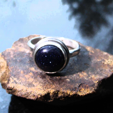 Handmade Blue Goldstone Ring Size 6.5 Set in 925 Sterling Silver Galaxy Ring with Blue Round Stone