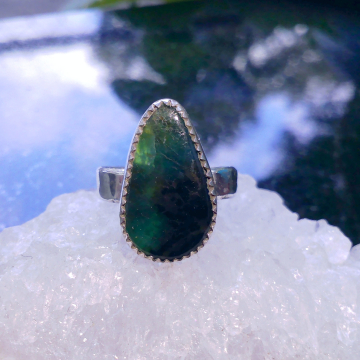 Handmade Sterling Silver Indonesian Opal Wood Ring  Green Gemstone Size 6